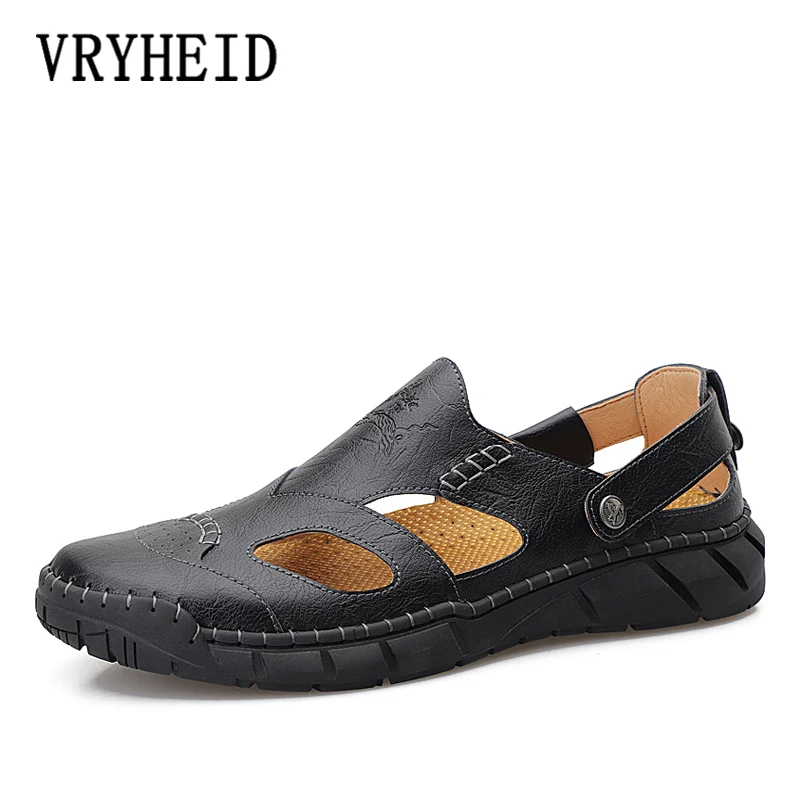 VRYHEID Summer New Genuine Leather Men Sandals Handmade Breathable Casual Flats Shoes Slip On Walking Big Size 38-50 | Обувь