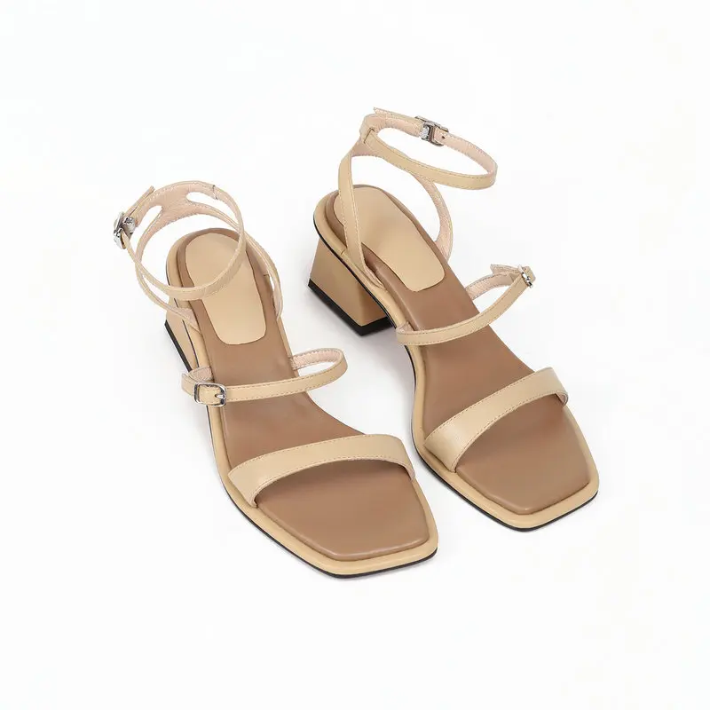 

Square Heel Sandals for Women Genuine Leather Buckle Square Open-Toe Shoes Dress Concise New Summer Sandals