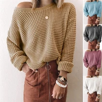 womens knitted thicken pullovers 2021 autumn winter solid loose oblique collar long sleeve knitted top casual loose sweaters