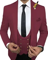 Custom Made Men Suits Burgundy and Black Groom Tuxedos Notch Lapel Groomsmen 3 Pieces Set ( Jacket + Pants + Vest + Tie ) D342