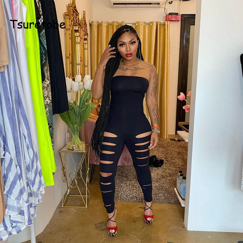 

Женский рваный комбинезон Tsuretobe, летний сексуальный однотонный комбинезон с открытыми плечами и открытой спиной, 2021