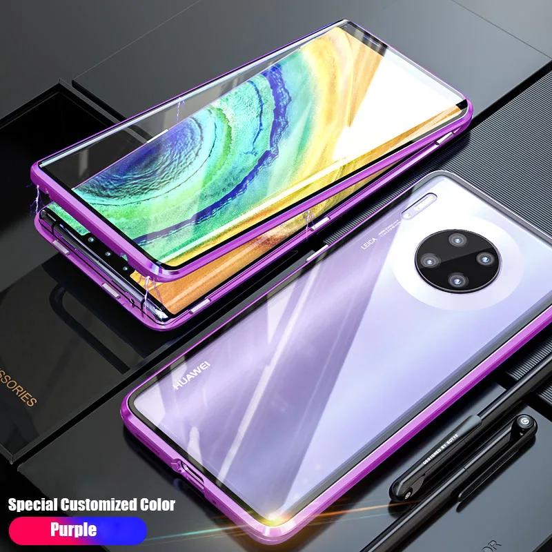 Магнитный чехол с двойным стеклом для huawei P30 20 mate 30 20 10 Pro P30 Lite Honor 20i 20 Nova 3 3i 5 закаленное стекло 360 Полное покрытие - Цвет: Purple