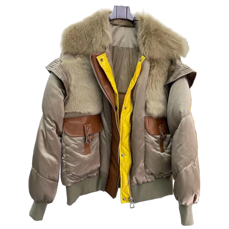 Short Female Women Winter 90% Duck Down Jacket Patchwork Tuscan Wool Fur Winter Puffer Parka Real Fur enlarge