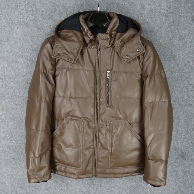 light brown Фирменное Новое мужское пальто из натуральной кожи с подкладкой из утиного пуха, парки с капюшоном, теплая куртка для мужчин, большие размеры xxxxl 4xl - Цвет: light brown