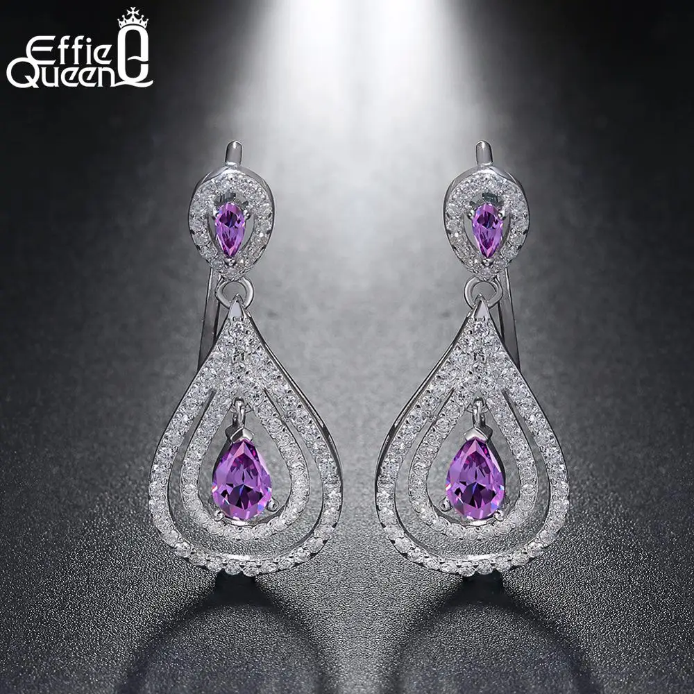 Effie queen Женские Висячие серьги из серебра S925 пробы в форме капель воды фиолетовый кубический циркон Висячие серьги вечерние ювелирные изделия TSE47