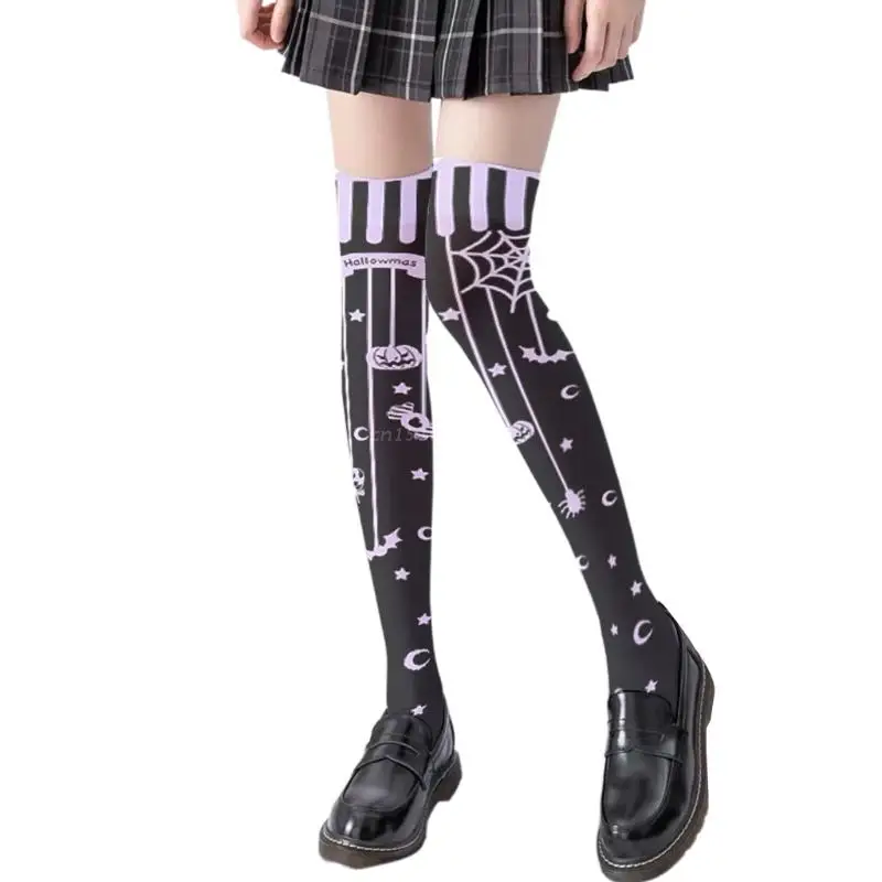 

Japanese Lolita Anime Thigh High Stockings Women Gothic Punk Cross Butterfly Pumpkin Spider Print Over Knee Long Socks