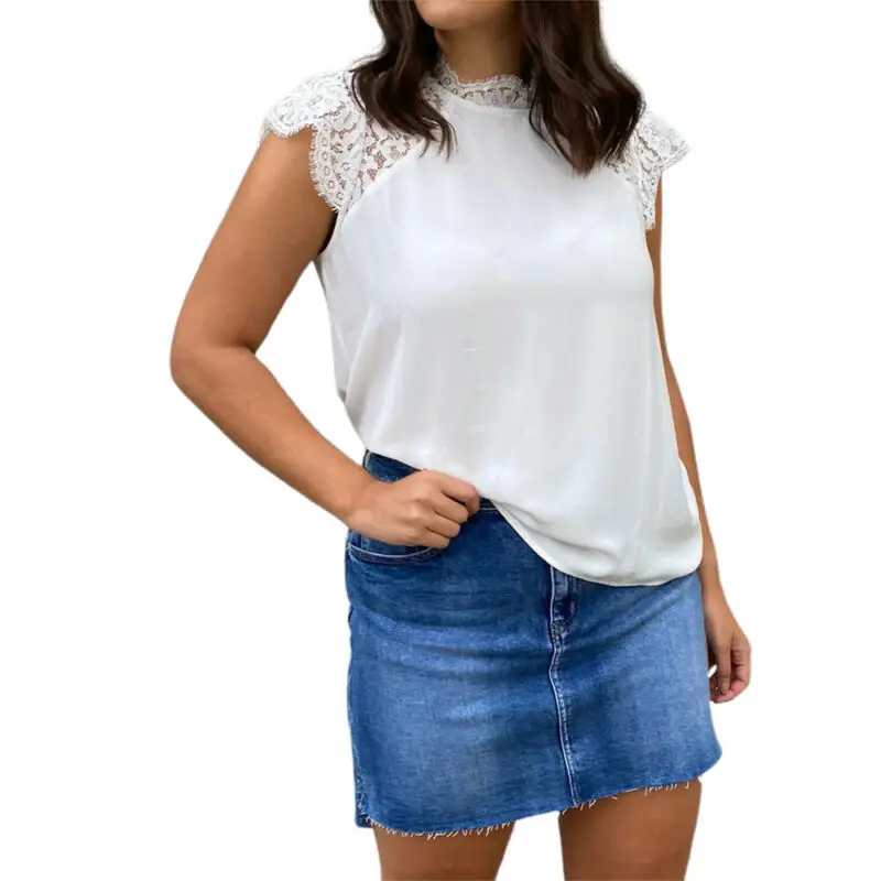 

Womens Lace T-shirts Short Sleeve O-Neck Tank Tops High Neck Loose Female New Tops Solid Color 2021 Summer New Clothes Tees