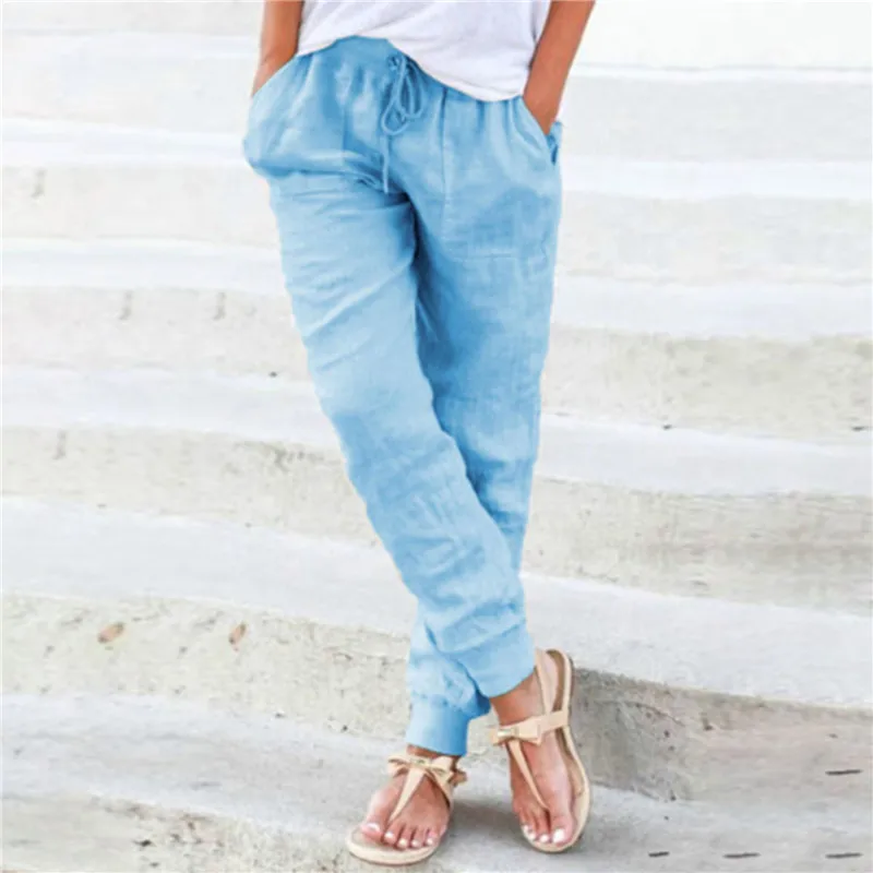 

Women Pants Casual Female Drawstring Tie Trousers Comfortable Lady Pants Polyester Cotton Linen Solid Color Female Trousers