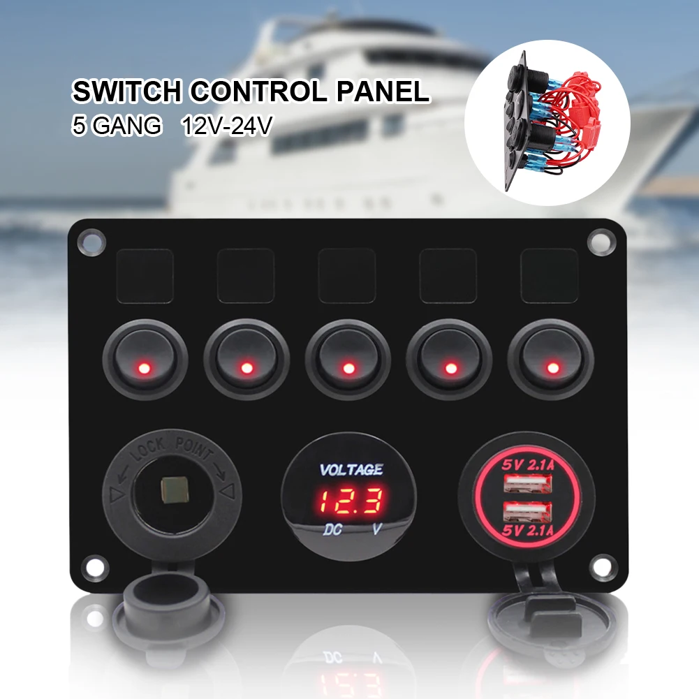 

5 Gang LED Switch Panel Power Outlet 12V USB Charger 4.2A Digital Voltmeter Toggle Switch Control For Boat Camper Marine RV