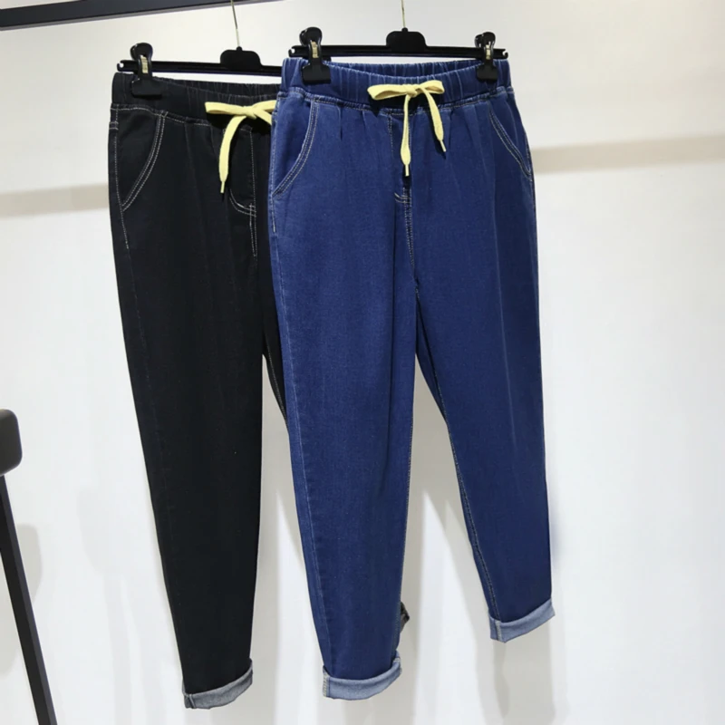 

Джинсы с высокой талией, модные женские брюки с эластичной талией, джинсы для женщин в стиле бойфренд, вареные шаровары, джинсы большого раз...