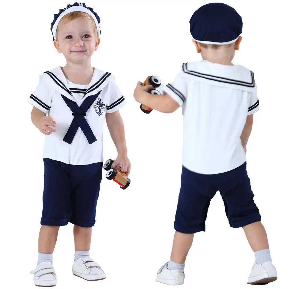Baby Boy Sailor Romper with Hat Boys Navy Cosplay Uniform Costume Toddler Infant Carnival Outfit Newborn Anchor Cotton Clothes |