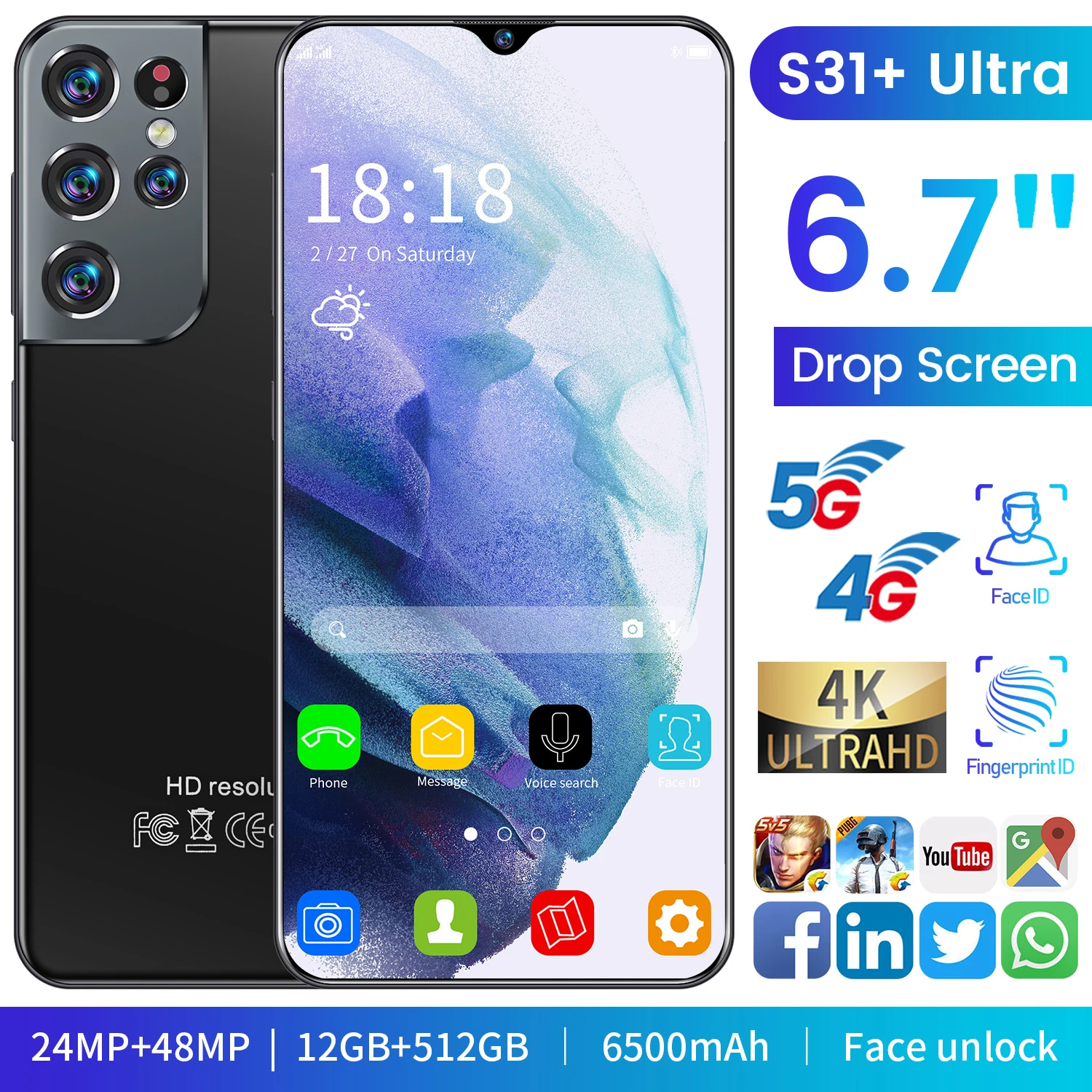 

Hot Sell Global Version S31+ Ultra 6.7inch Smartphone 12+512GB 24+48MP Face Unlock Fingerprint ID 4G LTE 5G Network Mobilephone