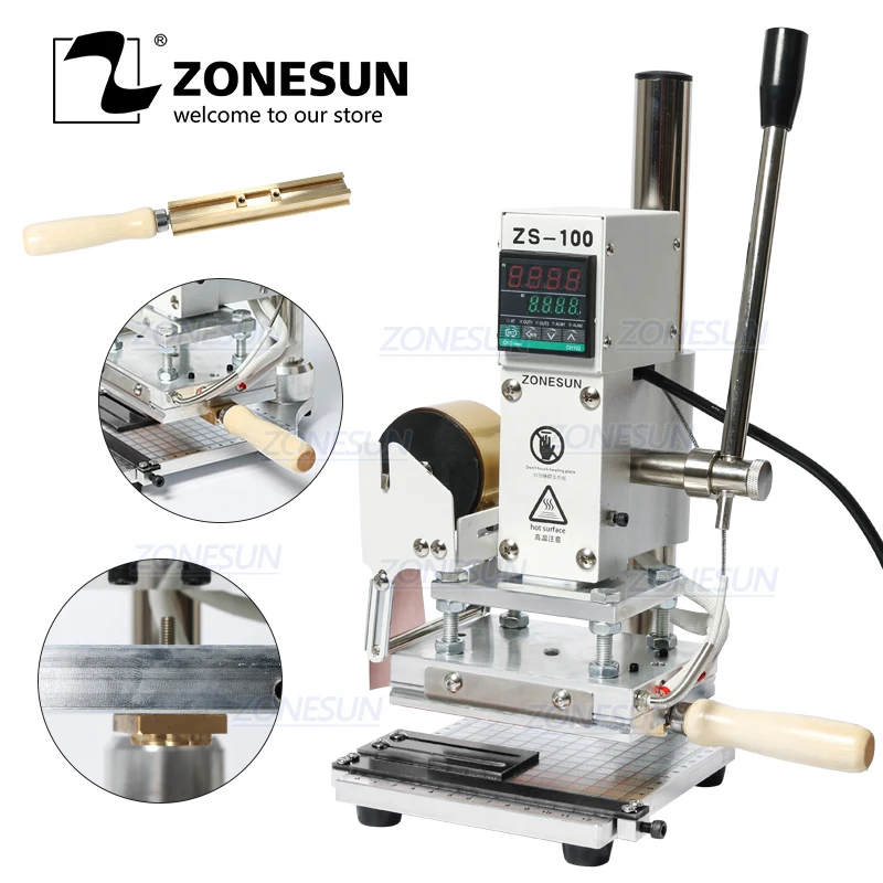 ZONESUN ZS-100, новая ручная машина для тиснения кожи, бумаги, дерева с измерительной линией, машина для горячего тиснения фольгой