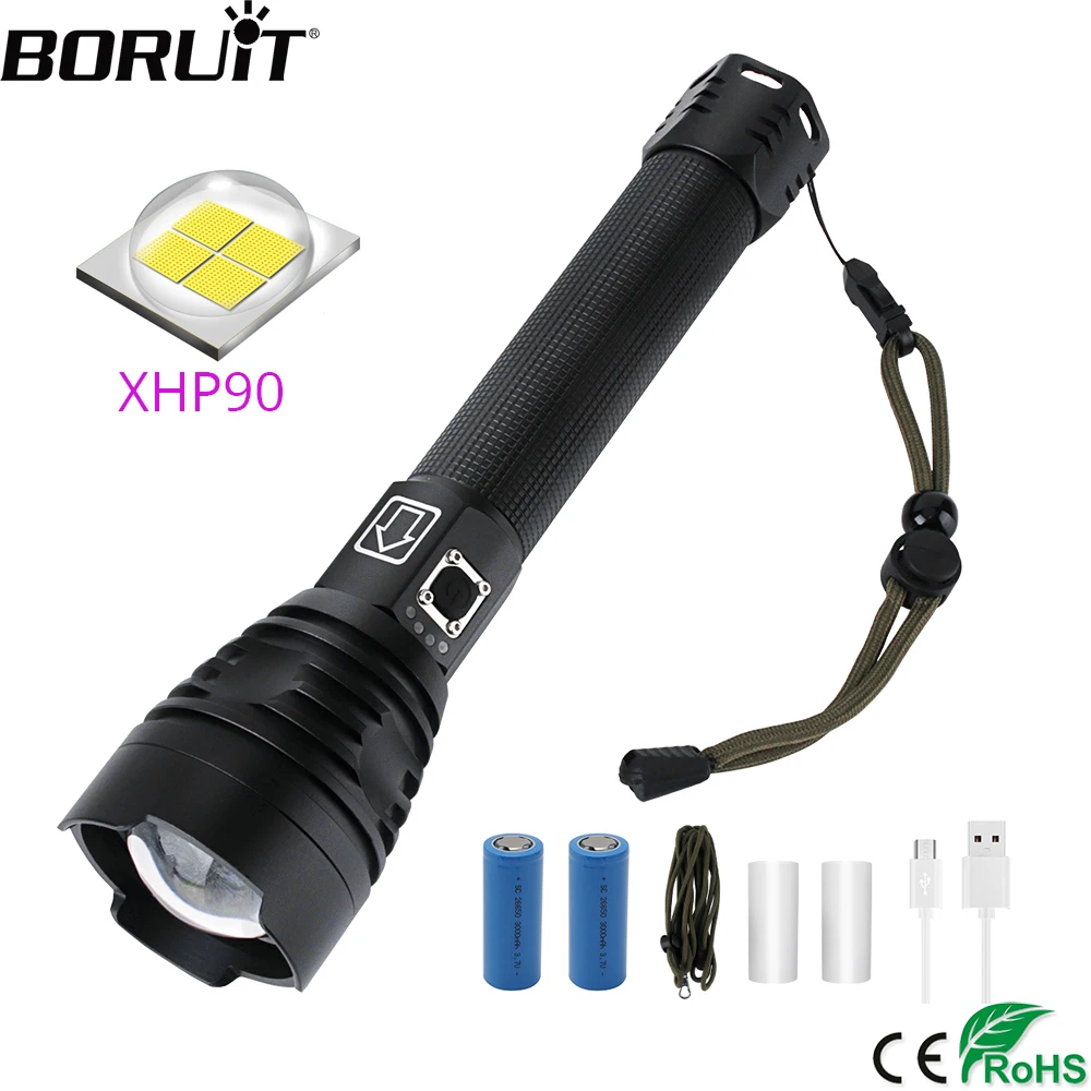 

BORUiT Zoomable Super Bright XHP90 LED Flashligh USB Rechargeable Torch Waterproof Camping Hunting Lantern Use 26650 Battery