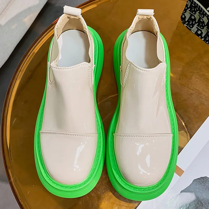 

2021 Women's Chunky Platform Chelsea Boots Autumn Mix Color Patent Leather Ankle Green Boots Woman Slip on Short Bottes Female