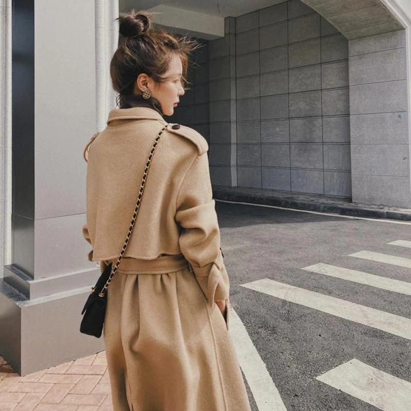 

LANMREM 2021 Autumn new Double-breasted Adjustable Waist Over The Knee Khaki Woolen Coat British Style Overcoat For Women 2A2089