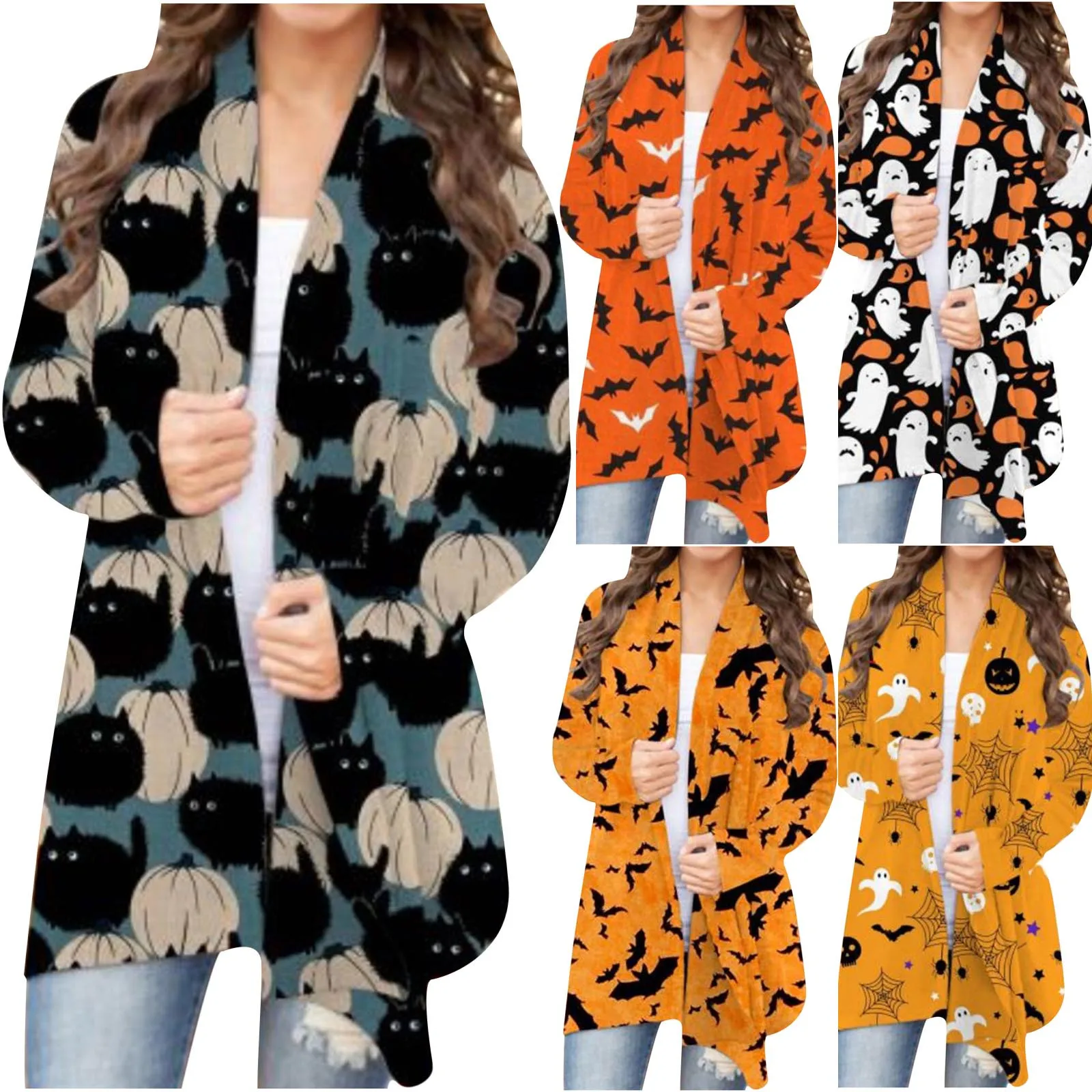 

Женский кардиган на Хэллоуин, флисовый модный осенний кардиган с длинным рукавом, с изображением животных, кота, тыквы, призрака, привидения...