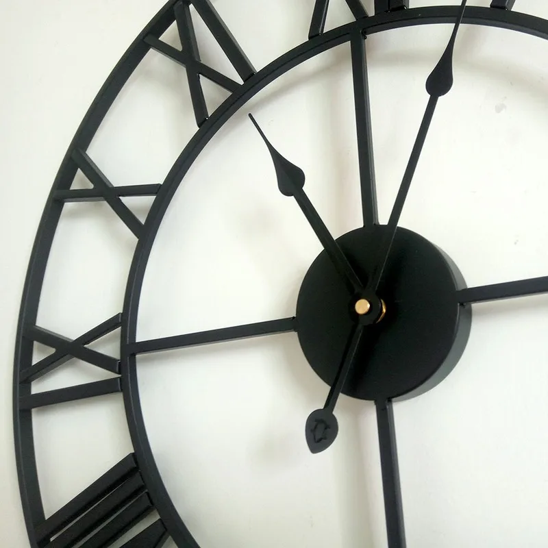 

3D Large wall clock Retro Black Iron Art Hollow Clock Modern Design Roman Numeral Home Decor Big Clock On The Wall Silent Clock