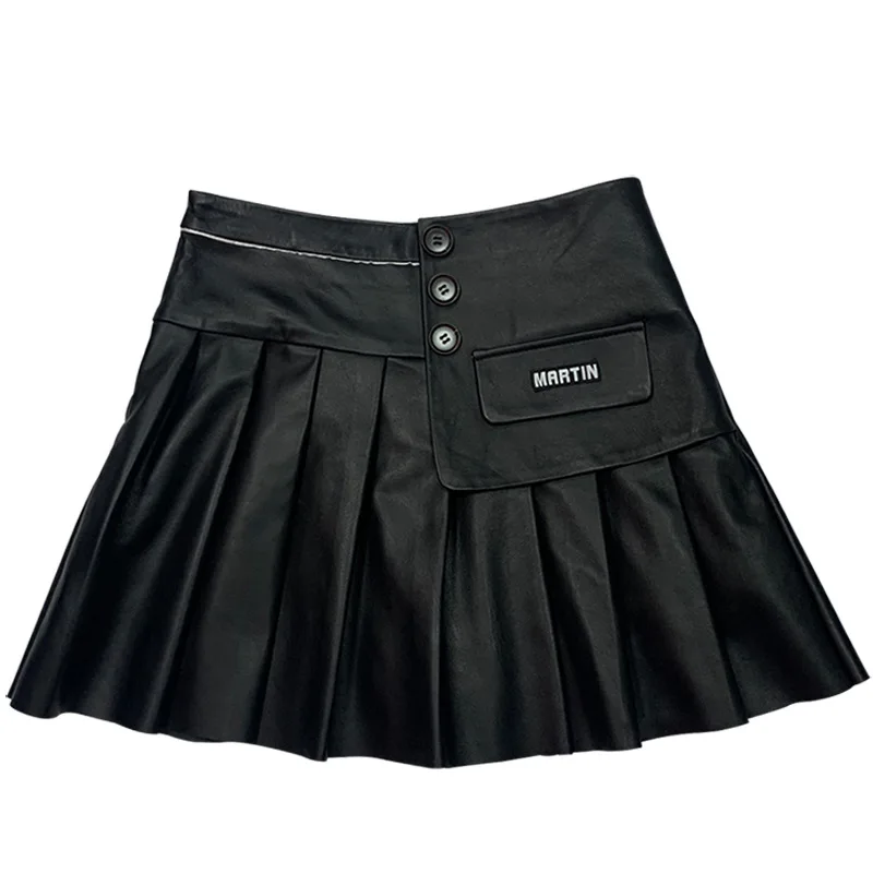 

2021 spring and autumn new sheepskin leather skirt slim high waist A-line pleated skirt fashion umbrella skirt women.