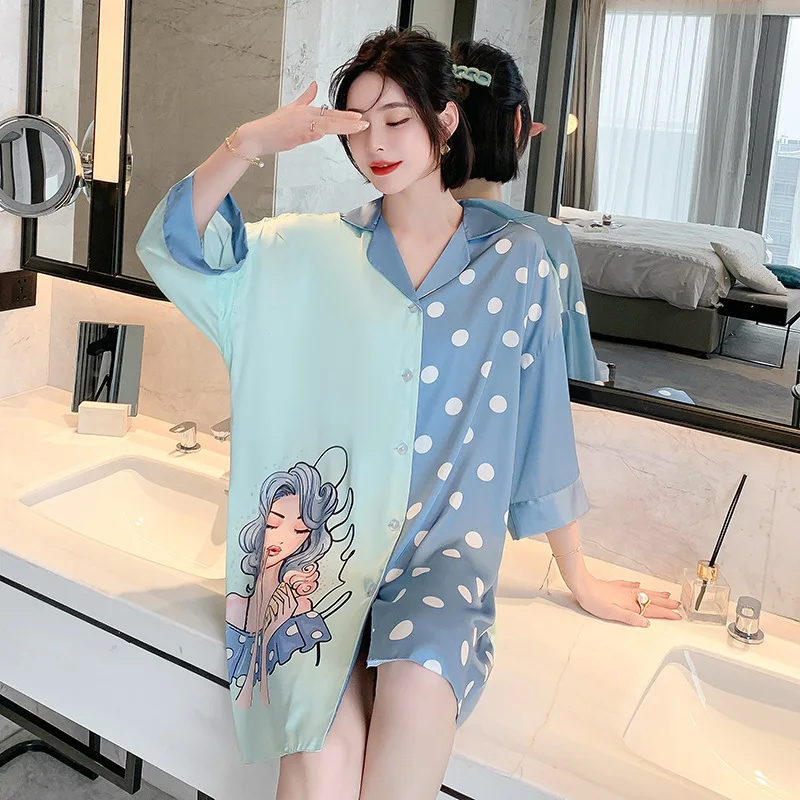 

Женская ночная рубашка в стиле пэчворк, Свободная Повседневная Ночная рубашка с принтом, голубая ночнушка для дома, на лето