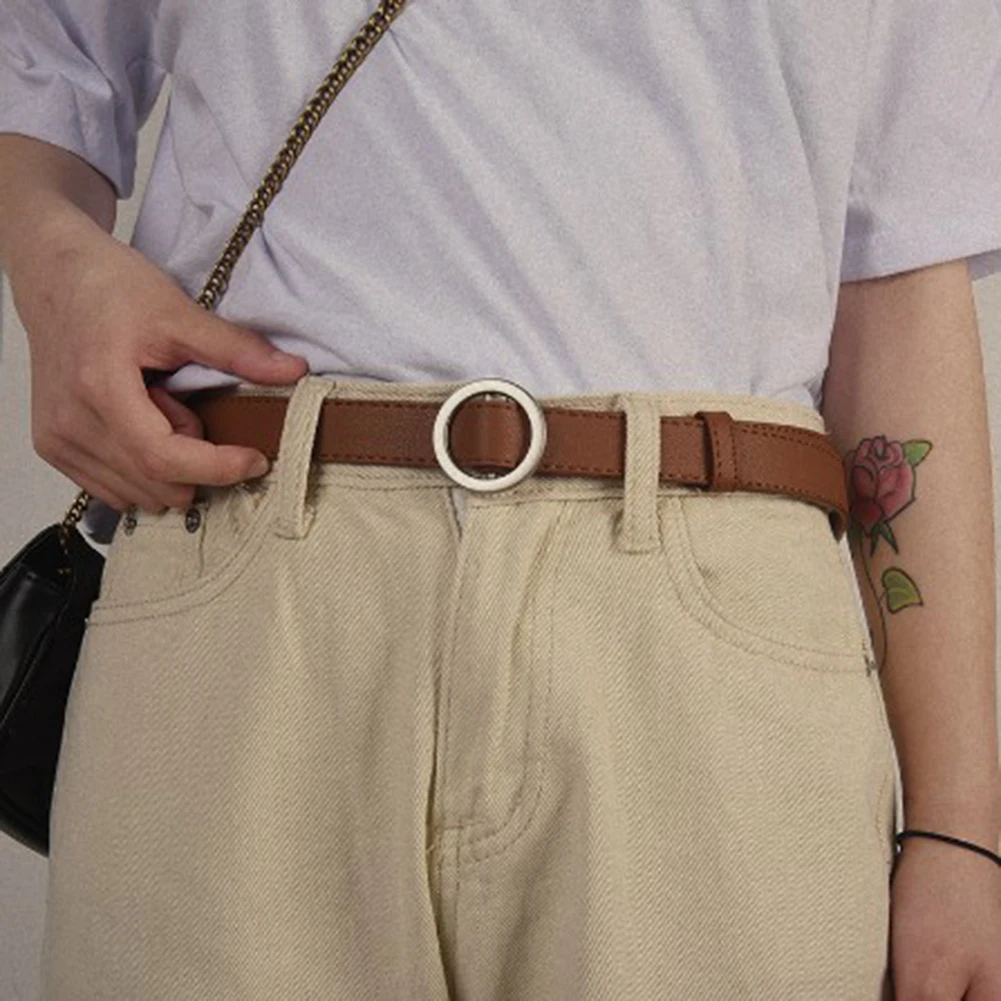 

Fashion Solid PU Leather Holeless Wide Belts With Metal Round Pin Buckle Women Deduction Side Jeans Dress Decor Waistband 105cm