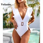 Слитное бикини Volasss, однотонный белый купальник, Женский монокини с V-образным вырезом, сексуальные боди, женский новый купальный костюм с оборками, пляжная одежда с поясом