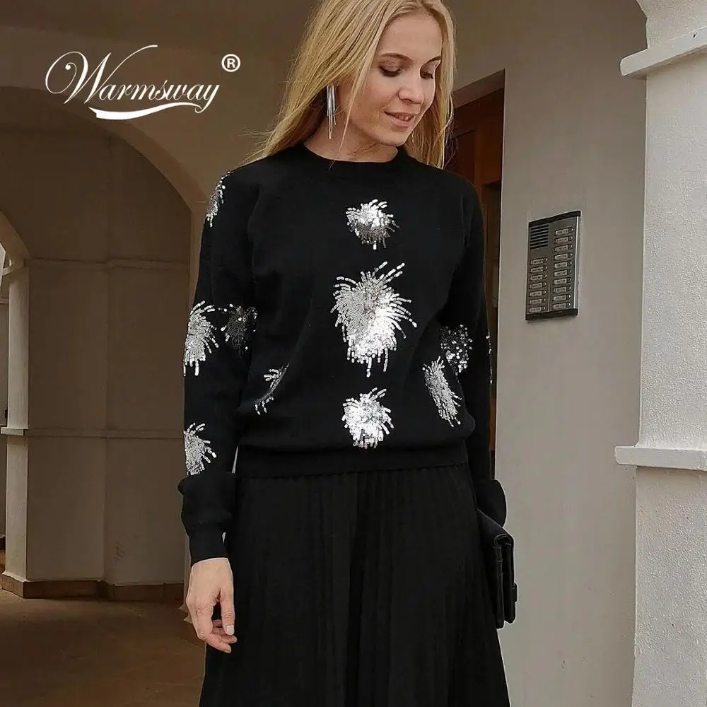 

New Year Women Christmas Sweater Knitwear Shiny Beaded Classic High-End Viscose Blend Sweater Women Rock Girl C-109