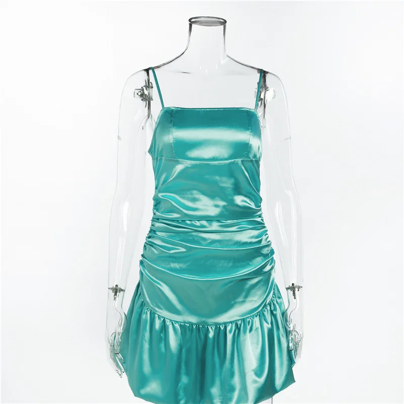 

Summer 2021 New Mint Green Sling Dress Sexy Pleated Short Skirt High Waist Pleated Satin Dress Women's Wear