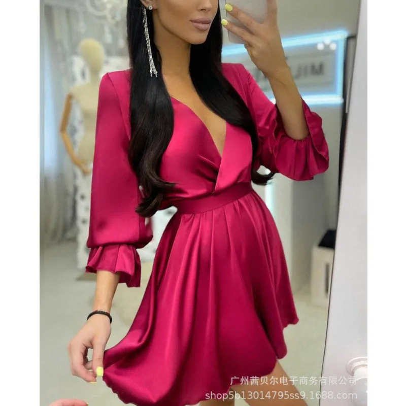 

Mandylandy Women's Fashion Dress Casual Solid Color V Neck Three Quarter Sleeves Summer Women Mini Dress