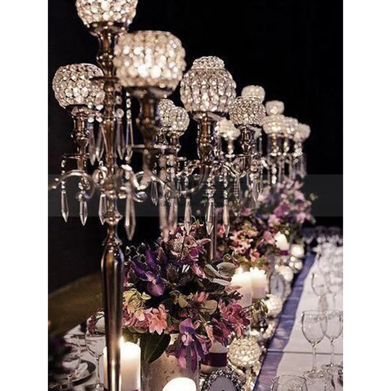 

12pcs European elegant new tall 5 arms wedding gold crystal candelabra for wedding decoration centerpiece