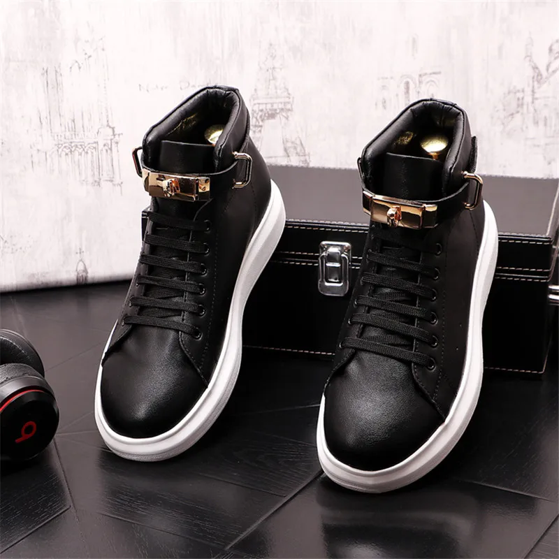 Online Sneakers Punk Pria Kasual Logam Atasan Tinggi Hip Hop Sepatu Bot Pergelangan Kaki Rata Penambah Tinggi Pria Zapatillas Hombre