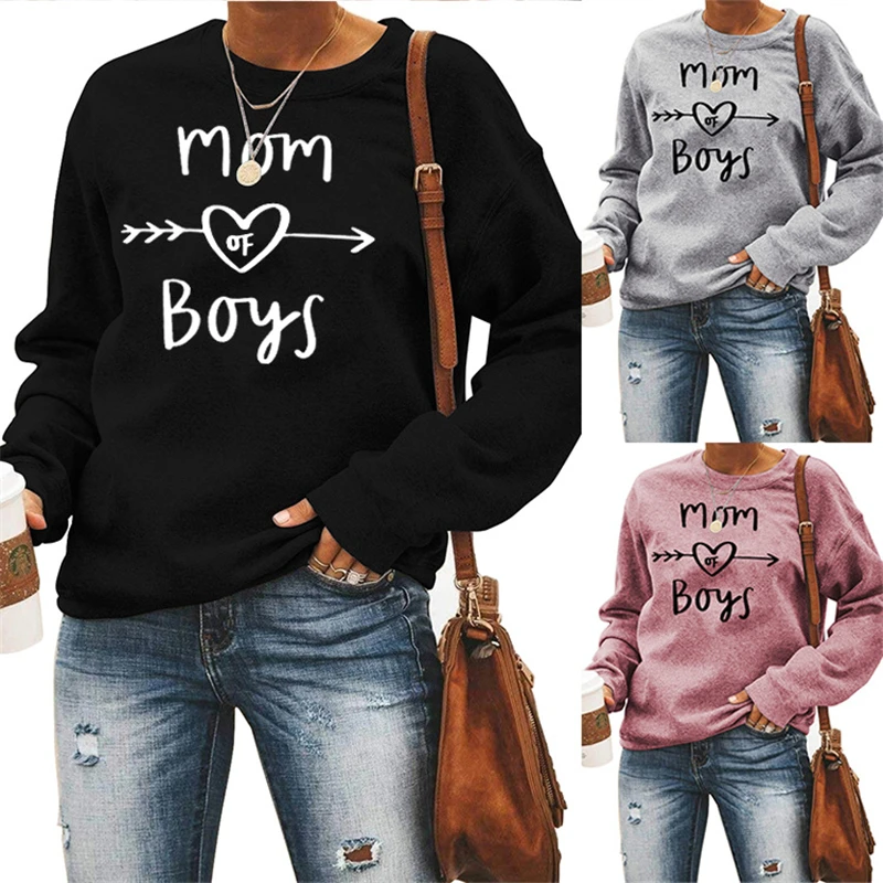 Winter women's round neck sweater long sleeve mom of boys love letter loose pullover Simple street cotton jacket
