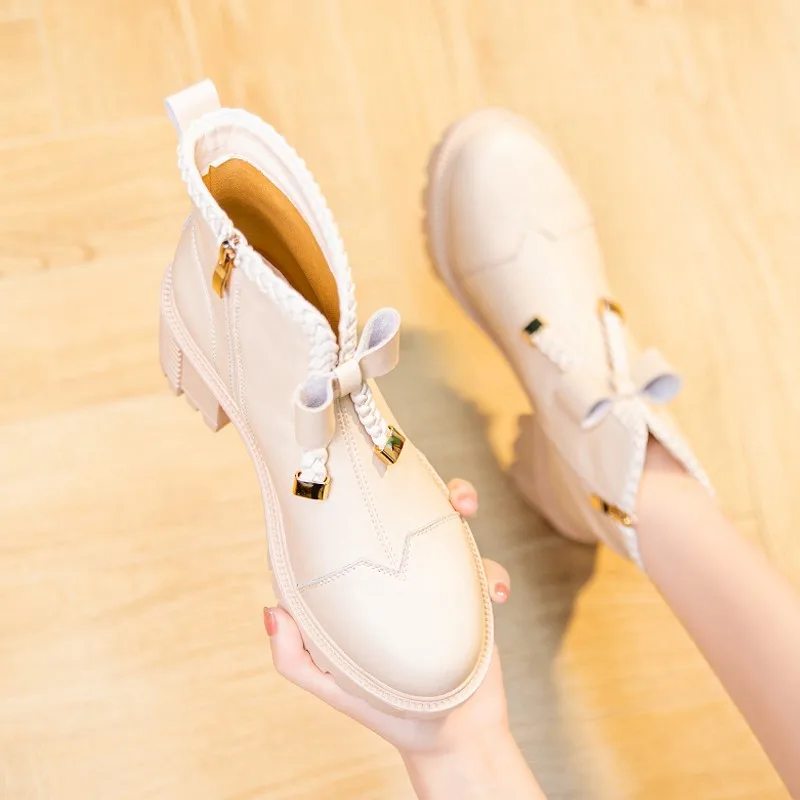 

2021 Women's Short Boots Round Toe Square Heel Thick Bottom Zipper Bow Decoration Women's Boots Outdoor Light and Comfortable