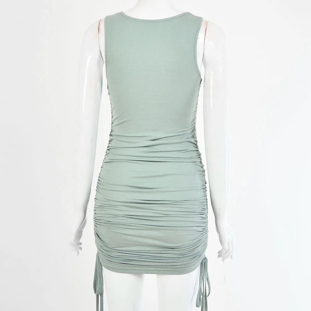 

Fyrneh Female New Summer Solid Sleeveless Ruched Dress Bow Drawstring Bodycon Elegant Sexy Outfits Casual Fashion Daily Clothes