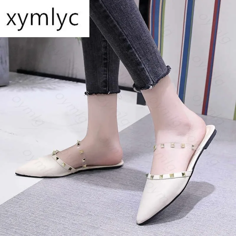 

Rivet Women Slippers Leather Shoes 2020 Summer Sexy Clear Slippers Transparent Ladies Pointed Toe Female Slippers Slides