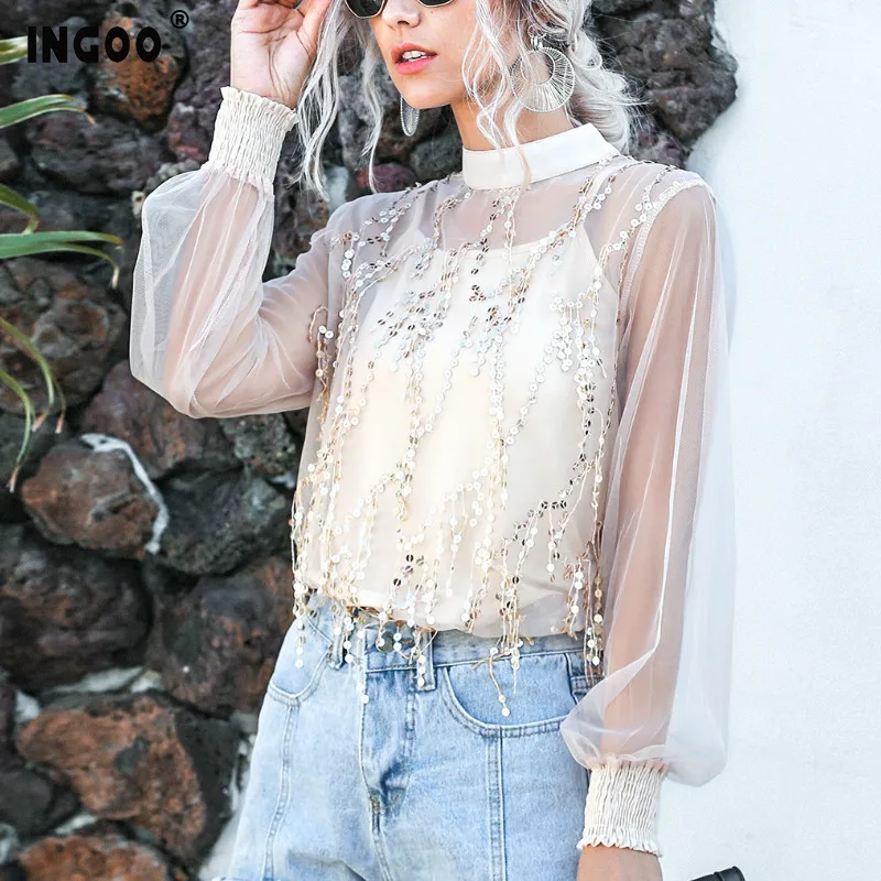 INGOO женская блузка с пайетками элегантная высоким горлом модная повседневная
