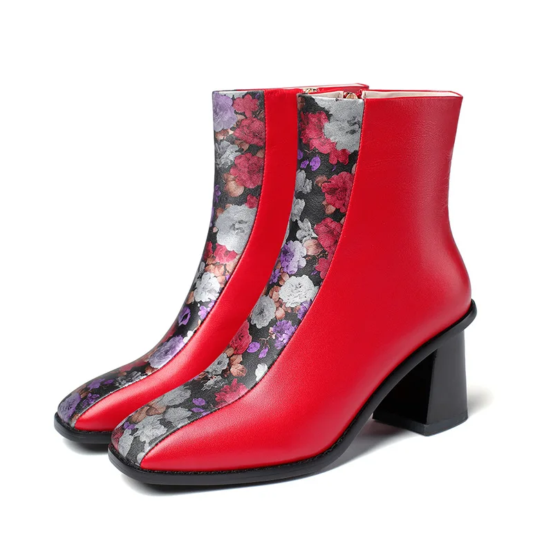 

Johnature Ankle Shoes Women Boots Winter Mixed Colors Genuine Leather Zip Square Toe Sewing Handmade Print Casual Platform Boots
