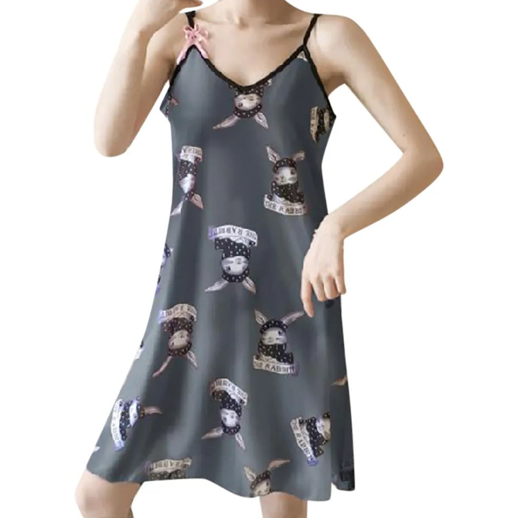 

Women Sleepwear V-Neck Sleeveless Camis Sexy Lingerie Nightwear Summer Casual Printed Night Dress Adjustable Strap Underwear