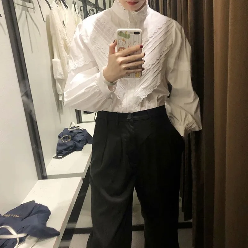 

Fashion Europe Women Loose Blouses Long Lantern Sleeves Shirt Ruffles Patchwork Stand Collar Chic Girl's Sweet Office Shirts Top
