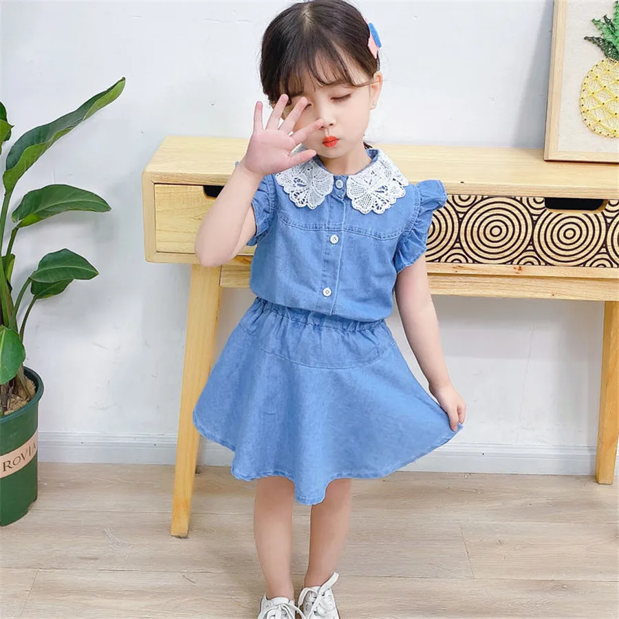 Детский летний комплект из 2 предметов джинсовая футболка и юбка для маленьких