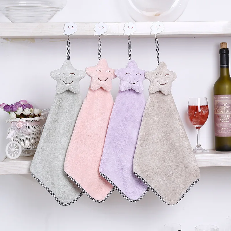 

Smiling Face Soft Coral Velvet Towel Cute Baby Nursery Wipe Hand Towel Kitchen Used Hanging Dishcloths Children Bathing Towel