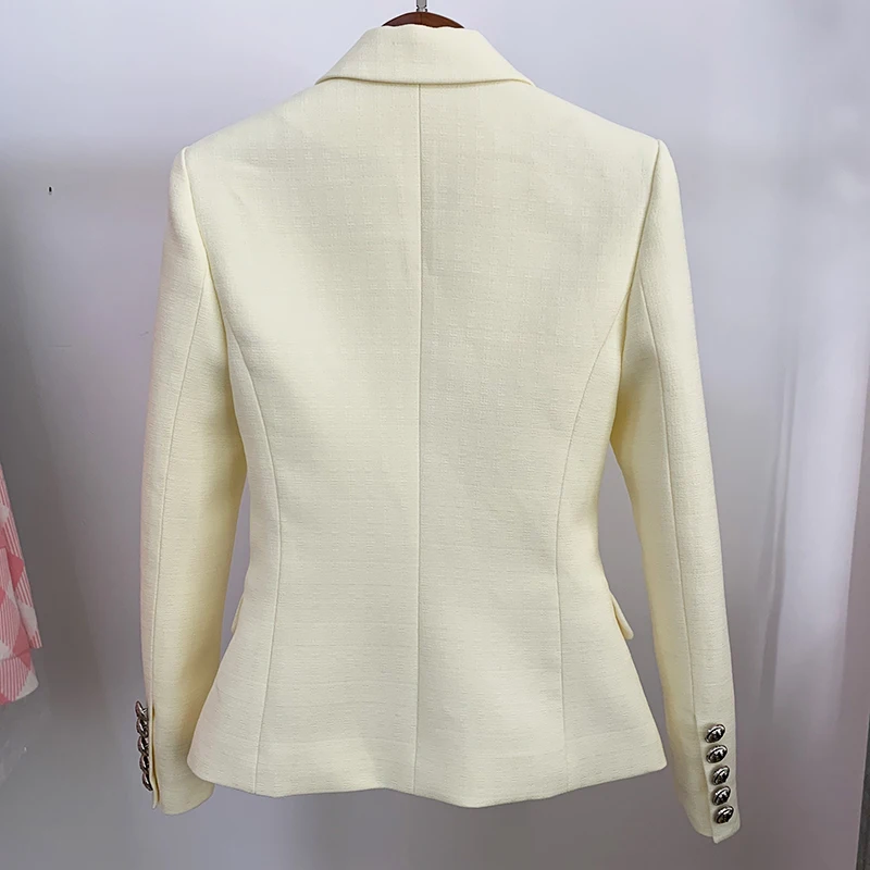 HIGH STREET Newest 2021 Classic Designer Blazer Women's Lion Buttons Double Breasted Slim Fit Textured Blazer Pastel yellow