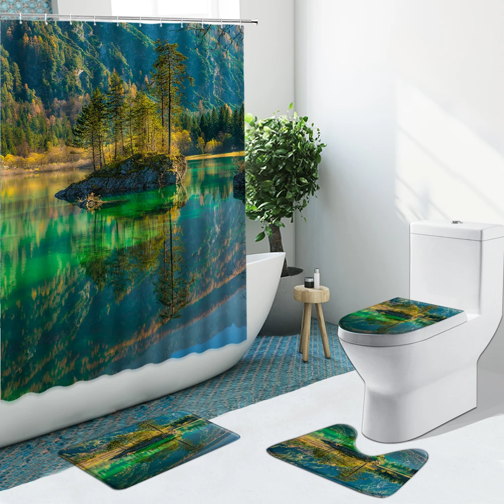 Занавеска для душа с изображением природного леса горного водопада Нескользящие