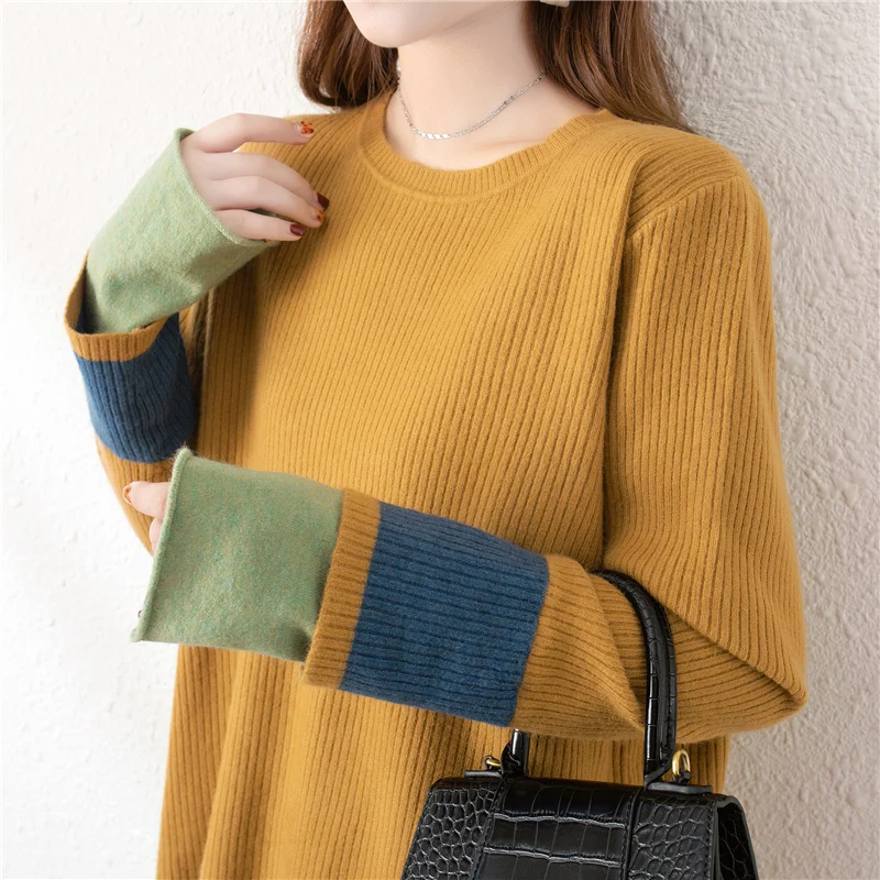 

21784 hall row 12, No. 3 (top)] real shooting round neck cuff color matching Pullover Sweater [1675] 44