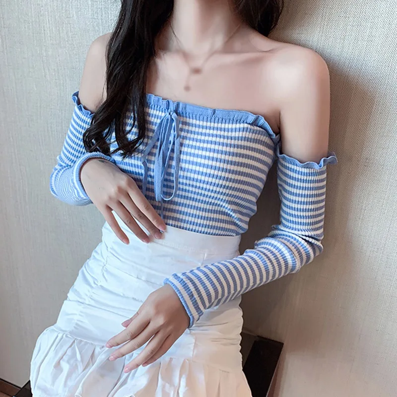 

Autumn Short Thin Knitted Women Pullovers Sweater Skinny Long Sleeve Slack Neck Striped Fashion Female Sweaters