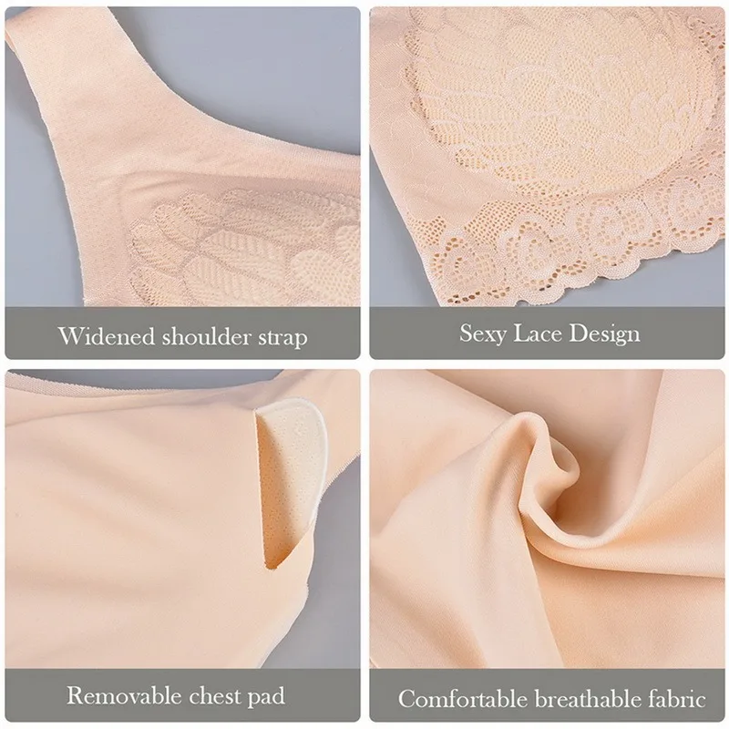 

2021 Plus Size Bra M-2XL Seamless Bras For Women Underwear BH Sexy Lace Brassiere Push Up Bralette With Pad Vest Top Bra