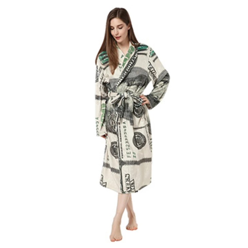 

European and American New Style US Dollar Printed Nightgown Men and Women's Home Clothes Warm Nightgown Flannel Bathrobe Persona