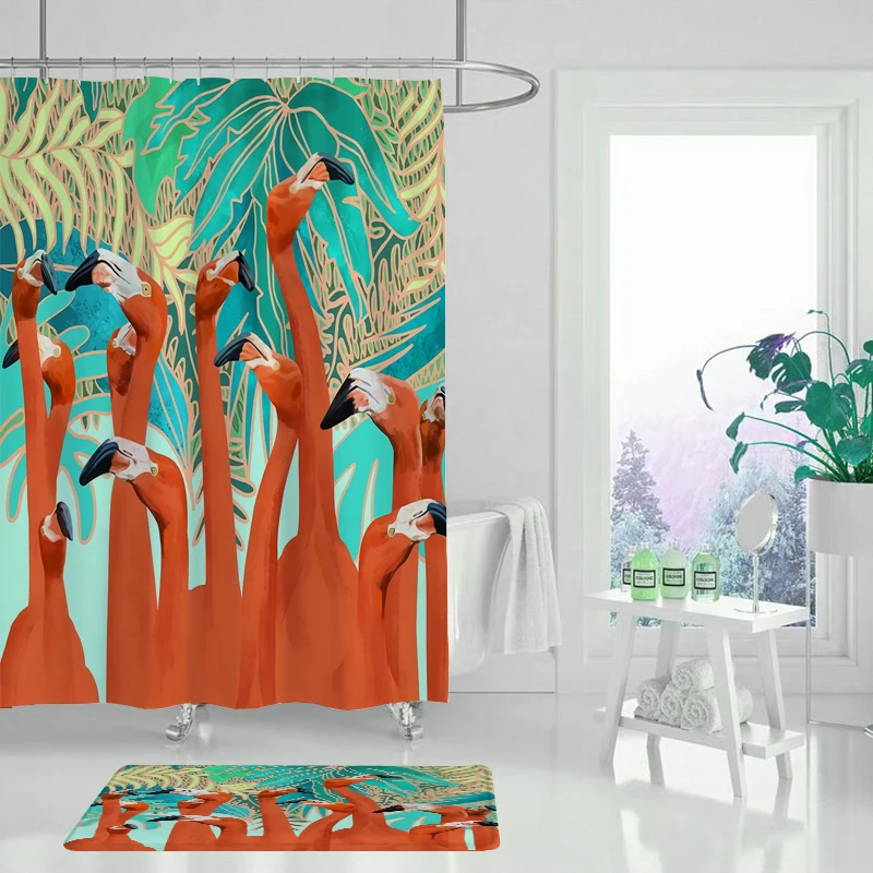 Фламинго завод занавеска для душа бамбук водонепроницаемый зеленый душ пейзаж