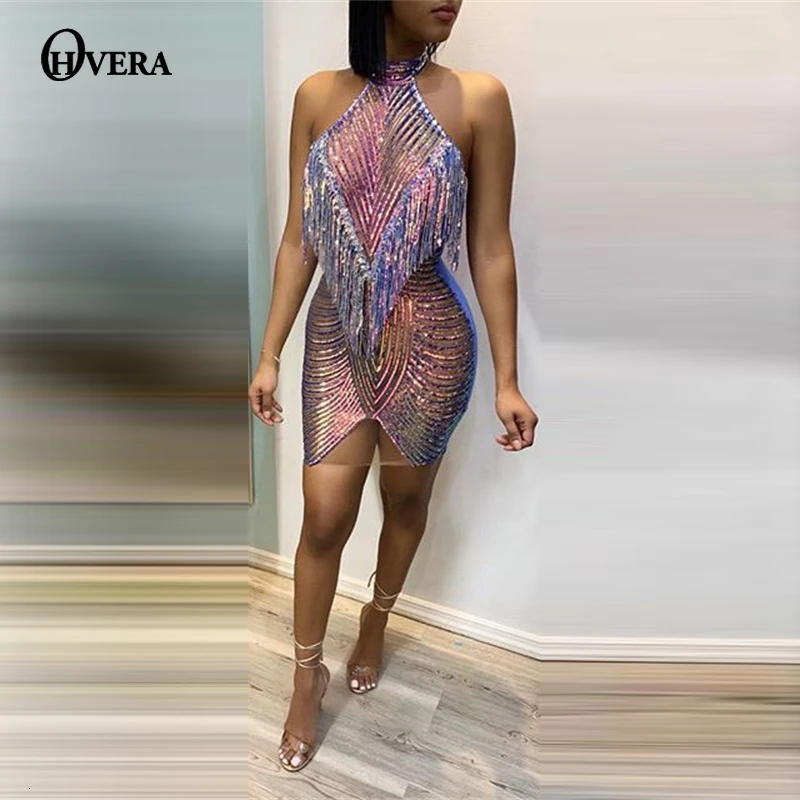 Ohvera, Сетчатое платье с блестками и кисточками, женское платье на бретелях с открытыми плечами, облегающее сексуальное платье для вечеринки,, мини летнее платье Vestidos