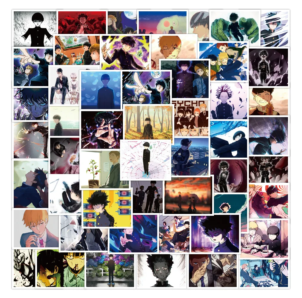 

52Pcs/Pack Mob Psycho 100 Graffiti Mobu Saiko Hyaku Stickers for Luggage Laptop Skateboard Sticker Moto Bicycle Guitar Fridge